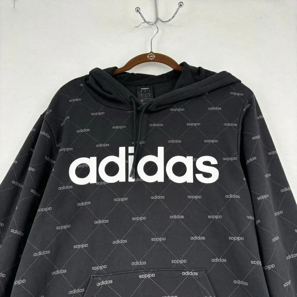 Adidas Hooded Sweatshirt‎ Men's M Black White Allover Spellout Print Hoodie